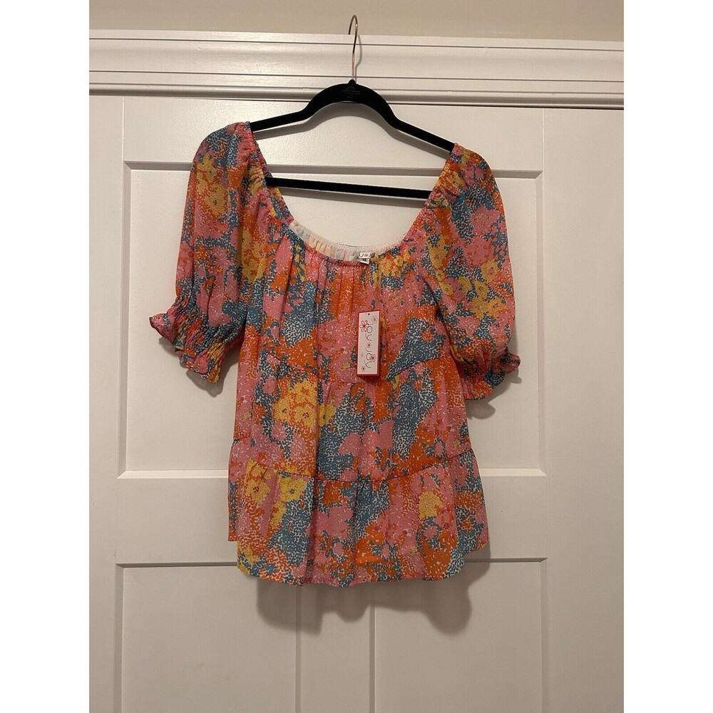 New Women's Peasant Babydoll Short Sleeve Floral Top Size XS Lined Elastic Neck